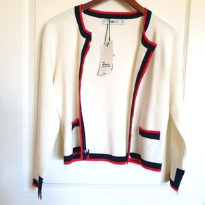 Zara Knit Cardigan- Cream blue and red trim
